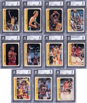 1986/87 Fleer Basketball Stickers BGS-Graded NM-MT 8 Complete Set (11) – Including #8 Michael Jordan Rookie Card!